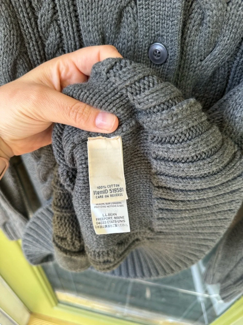 LL BEAN Womens XL Fisherman Cable Knit Button Up Grey Cardigan Sweater Heavy